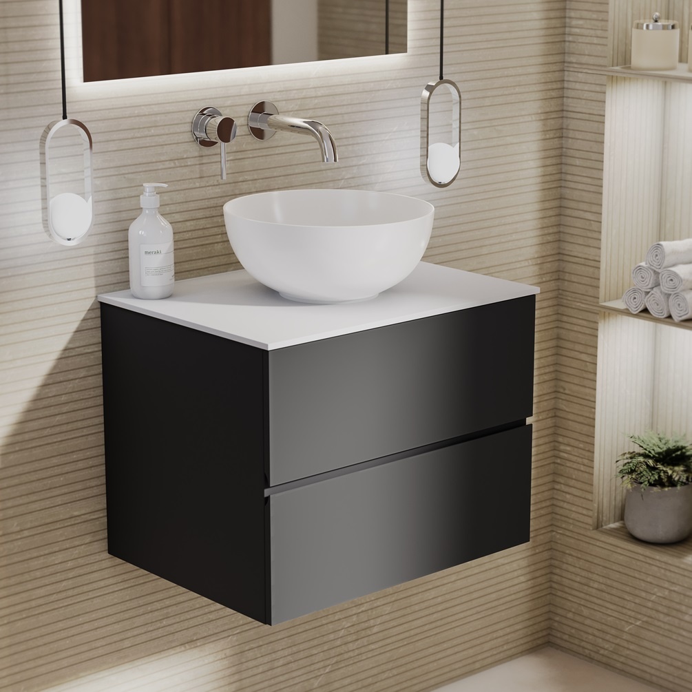 product lifestyle image of Zero Matt Black 600mm Double Drawer Wall Hung Vanity Unit and Statuario Matt White Worktop 1042-BL1162C-L049K
